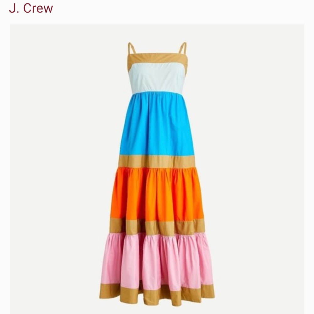 J Crew Cotton Poplin Tiered Color Block Maxi Dress Sz 16